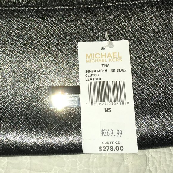 Michael Kors Tina Leather Clutch Shoulder Bag Metallic Silver - NWT $278 - Picture 13 of 15